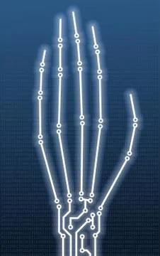 Hand bones in PCB-layout style with shine on a blue digital background. Conce Illustrazione stock