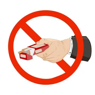 Hand with box of cigarette in red ban sign isolated on white background. Stock Illustration