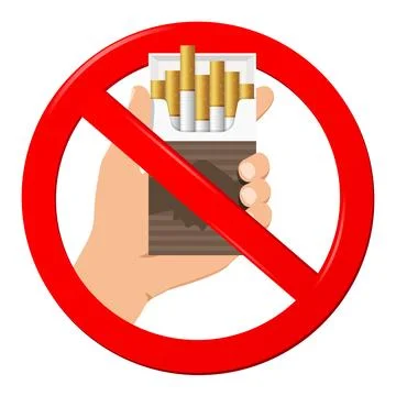 Hand with box of cigarette in red ban sign isolated on white background. No s Stock Illustration