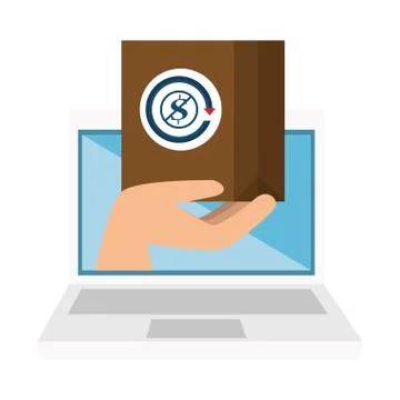 Hand with box in computer and symbol dollar in forbidden sign 스톡 일러스트