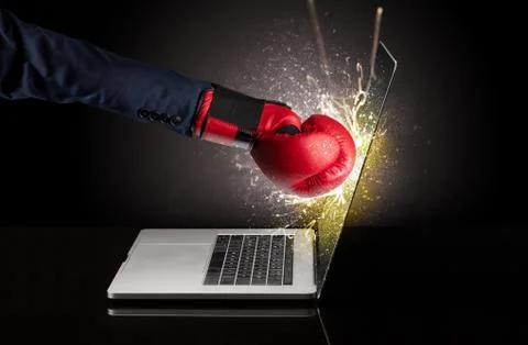Hand boxing laptops screen Stock Photos