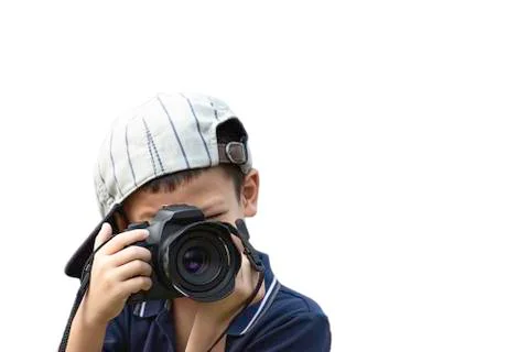 Hand boy holding the camera Taking pictures on a white background. Stock Photos