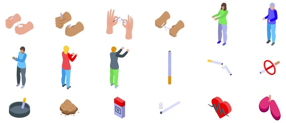 Hand breaking cigarette icons set. Isometric set of icons representing variou Stock Illustration
