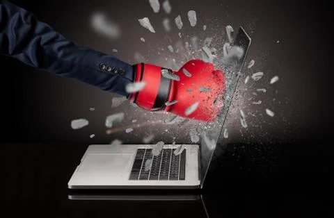 Hand breaks laptop screen 스톡 사진