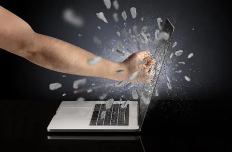 Hand breaks laptop screen Stock Photos