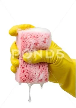 Hand in bright yellow rubber glove squeezing soapy sponge isolated PSD-Vorlage