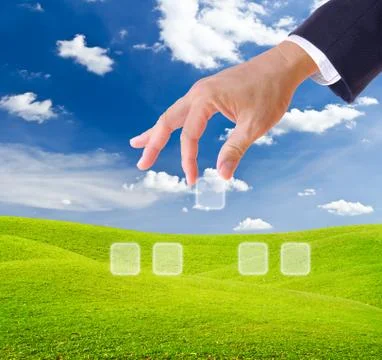 Hand bring up blank button for add any word Stock Photos