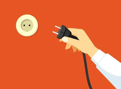 Hand brings plug socket illustration. Switching household appliances and Illustrazione stock