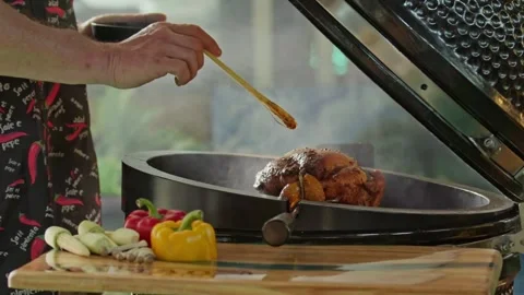 Hand brushing roasted whole chicken on a the grill bbq barbeque kamado camado Stock Footage 292809635