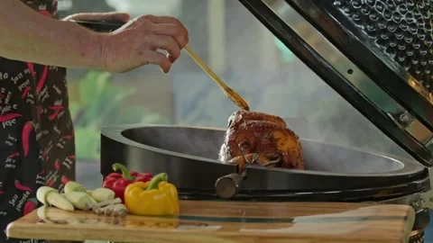 Hand brushing roasted whole chicken on a the grill bbq barbeque kamado camado Stock Footage 292809891