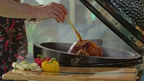 Hand brushing roasted whole chicken on a the grill bbq barbeque kamado camado Stock Footage 292810033