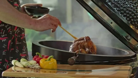 Hand brushing roasted whole chicken on a the grill bbq barbeque kamado camado Stock Footage 292810199
