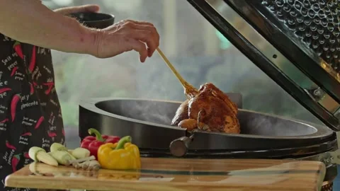 Hand brushing roasted whole chicken on a the grill bbq barbeque kamado camado Stock Footage 292810634