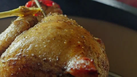 Hand brushing roasted whole chicken on a the grill bbq barbeque kamado camado Video stock 292812097