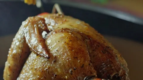 Hand brushing roasted whole chicken on a the grill bbq barbeque kamado camado Video stock 292812403