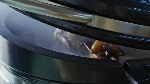 Hand brushing roasted whole chicken on a the grill bbq barbeque kamado camado Video stock 292812607