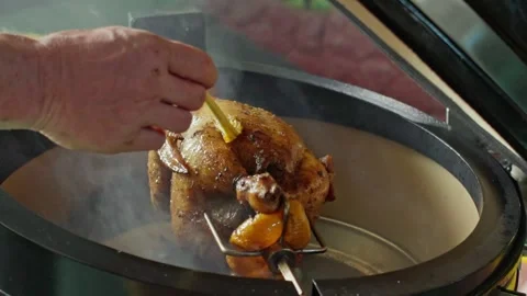 Hand brushing roasted whole chicken on a the grill bbq barbeque kamado camado Video stock 292812728