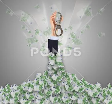 Hand buried in cash pile and trying to get out Stock Photos