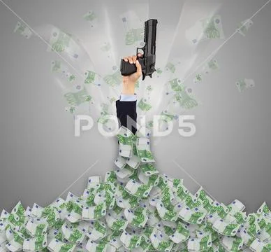 Hand buried in cash pile and trying to get out Stock Photos