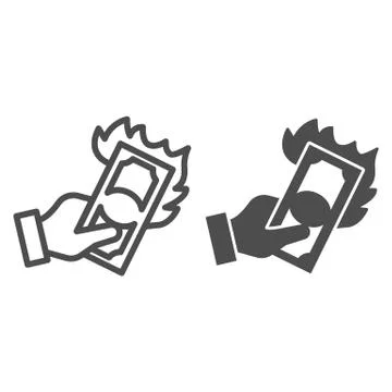 Hand with burning dollar line and solid icon, waste of money concept, Dollar in Stock Illustration