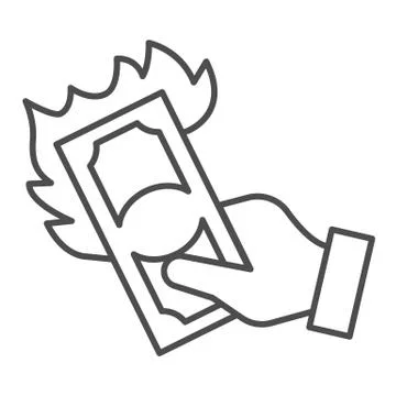 Hand with burning dollar thin line icon, waste of money concept, Dollar in fire Stock Illustration