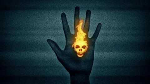 Hand With Burning Skull Appears In TV Static Stock Footage 244944903