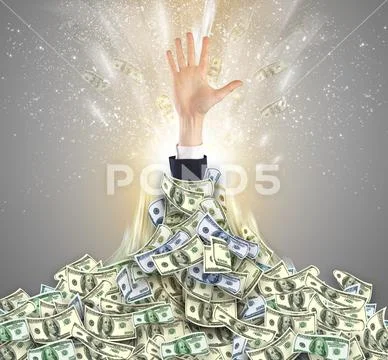 Hand bursting from a money heap Stock Photos