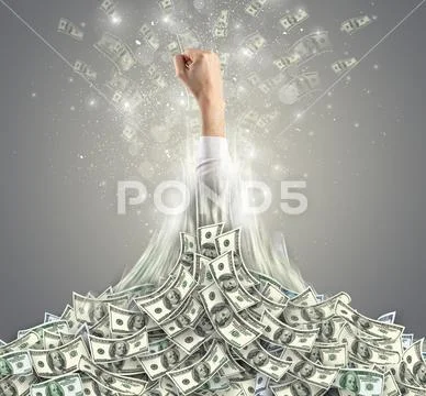 Hand bursting out from a money heap Stock Photos