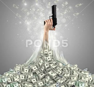 Hand bursting out from a money heap Stock Photos