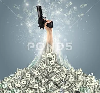 Hand bursting out from a money heap Stock Photos