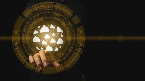 The hand of a businessman chooses a cloud computing. Foto stock