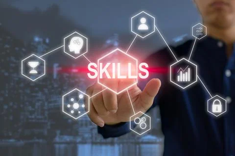 Hand businessman touch virtual screen. Skills for personal development and .. 写真素材