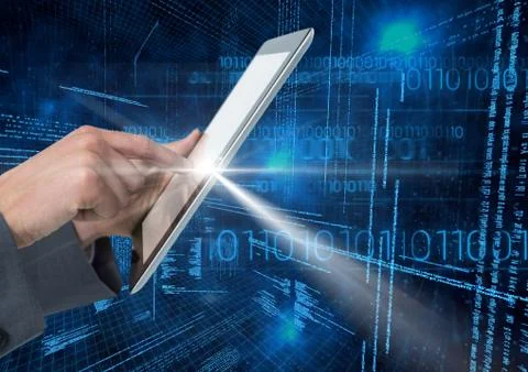 Hand of businessman using digital tablet with binary codes in background Stock Photos