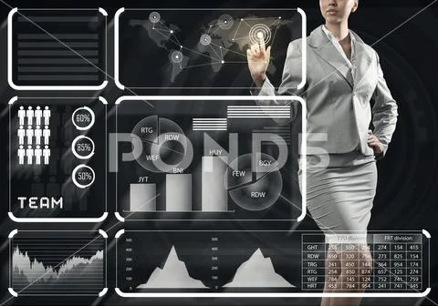Hand of businesswoman pressing with finger icon on media screen Stock Photos