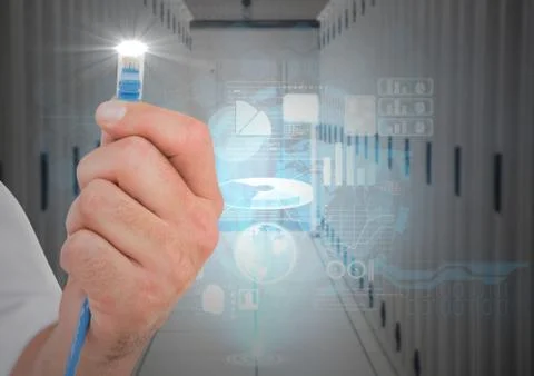 Hand with cable and flare in server room 库存照片