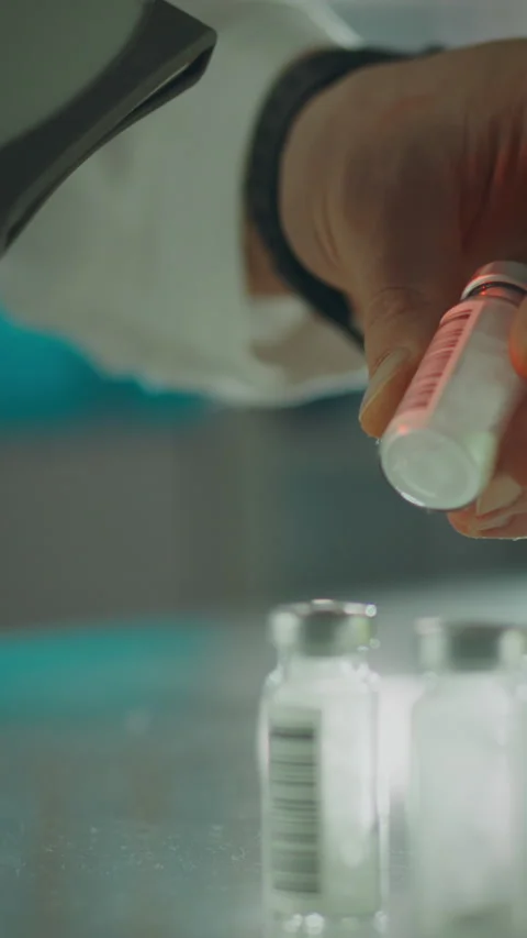 Hand carefully selecting vaccine vials in a laboratory setting during a clin Stock Footage 331592635