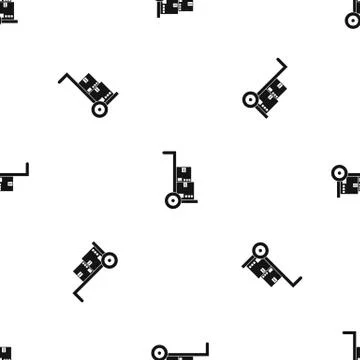Hand cart with cardboards pattern seamless black Stock Illustration