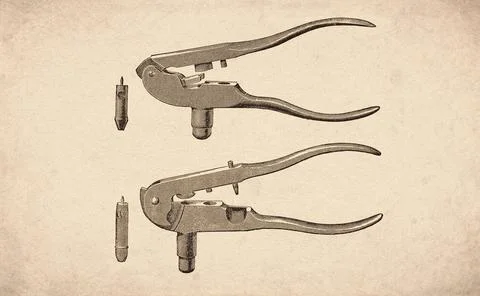 Hand Cartridge Reloading Tools and Decapping Pins, 1890s Illustration Stock-Illustration