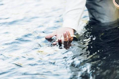 Hand with caught fish. Stock Photos