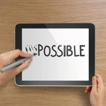 Hand changing the word impossible to possible with stylus eraser on tablet co 스톡 일러스트