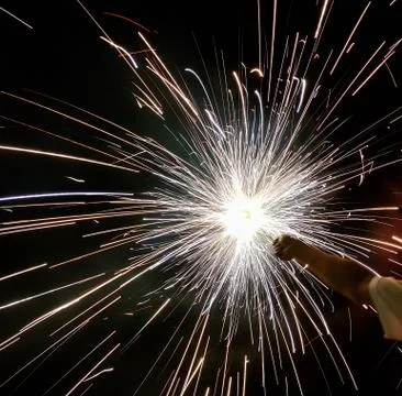 Hand charki, a hand firework emitting circular sparks in black background Stock Photos