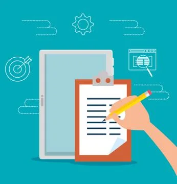 Hand with check list and tablet technology information Stock Illustration