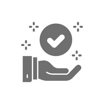 Hand with check mark, best choice, quality control, approved grey icon. Stock Illustration