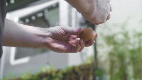 Hand chef cook breaking chicken eggs on kitchen. Cook break fresh chicken egg Stock Footage 105249621