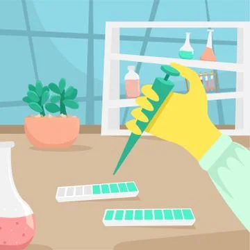 The hand of a chemist or biologist in a rubber glove conducts research. Illustrazione stock