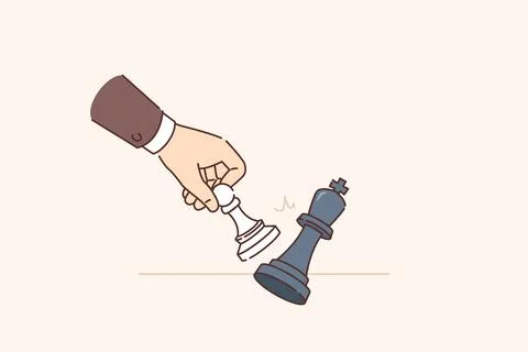 Hand of chess player knocking down king with pawn symbolizes skills of strategic Stock Illustration