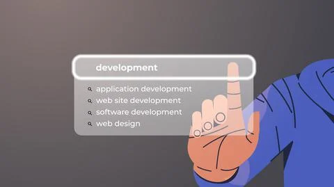 Hand choosing development in search bar on virtual screen web site application 스톡 일러스트