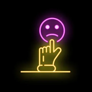 Hand choosing sad face neon style icon on black background 库存插图