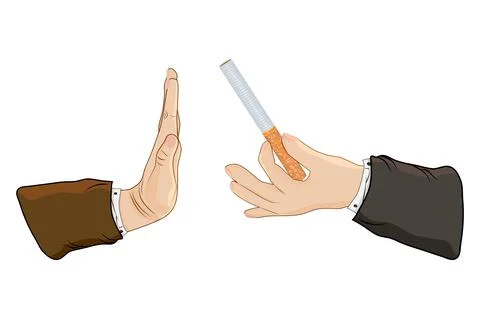 Hand with cigarette and hand gesture to reject proposal smoke. Stock Illustration