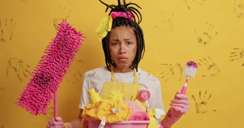 Hand cleaning dirt removing and homework routine concept. Displeased housewife Stock Footage 151628079